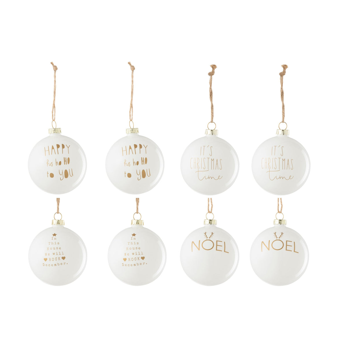 Scatola Da 8 Palline Di Natale 2+2+2+2 Testo Natale Vetro Bianco/Oro J-Line