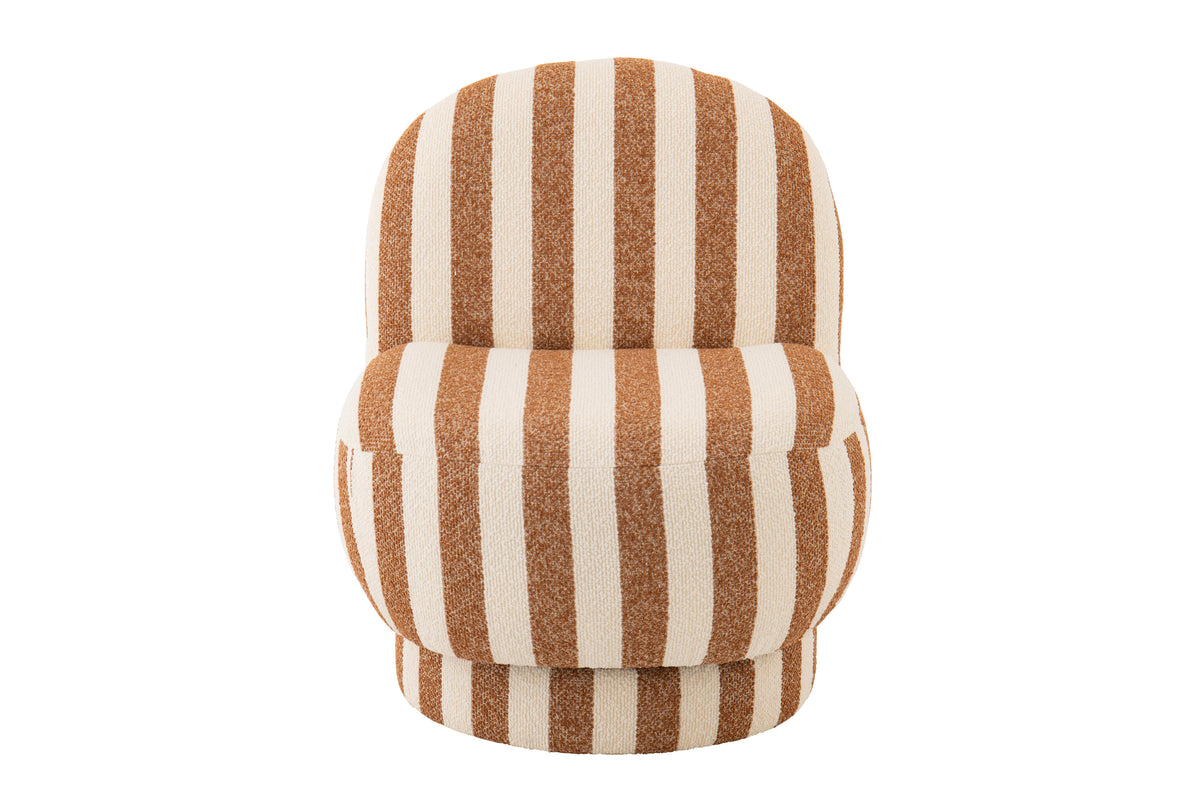 Poltrona con pouf in tessuto a righe color cammello/bianco sporco J-Line