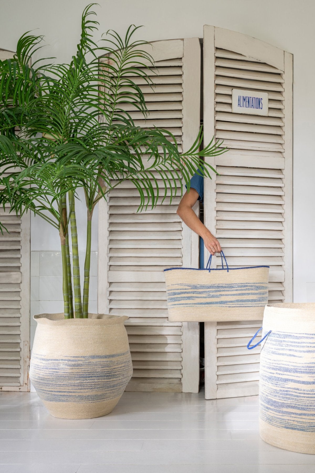 Cestino Con Manico In Paglia Marina Naturale Blu J-Line