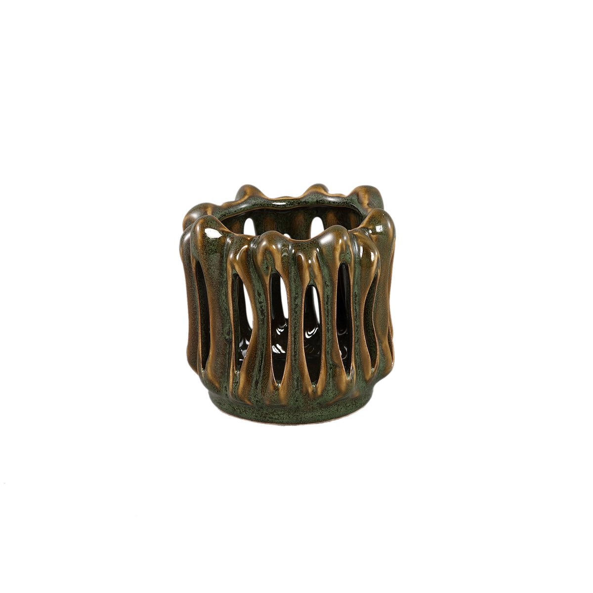 Lanterne Luci in ceramica verde scuro, aperte e scanalate, rotonde, set da 3 PTMD