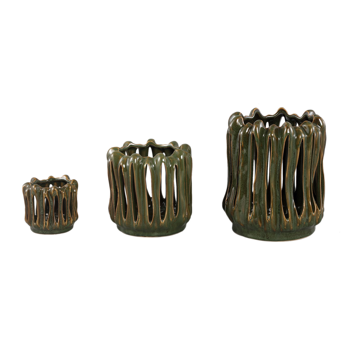 Lanterne Luci in ceramica verde scuro, aperte e scanalate, rotonde, set da 3 PTMD