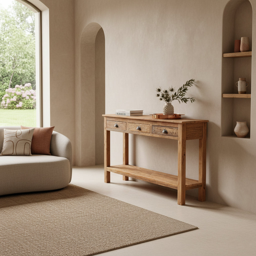 Tavolino laterale Farmwood con 3 cassetti Raw Materials