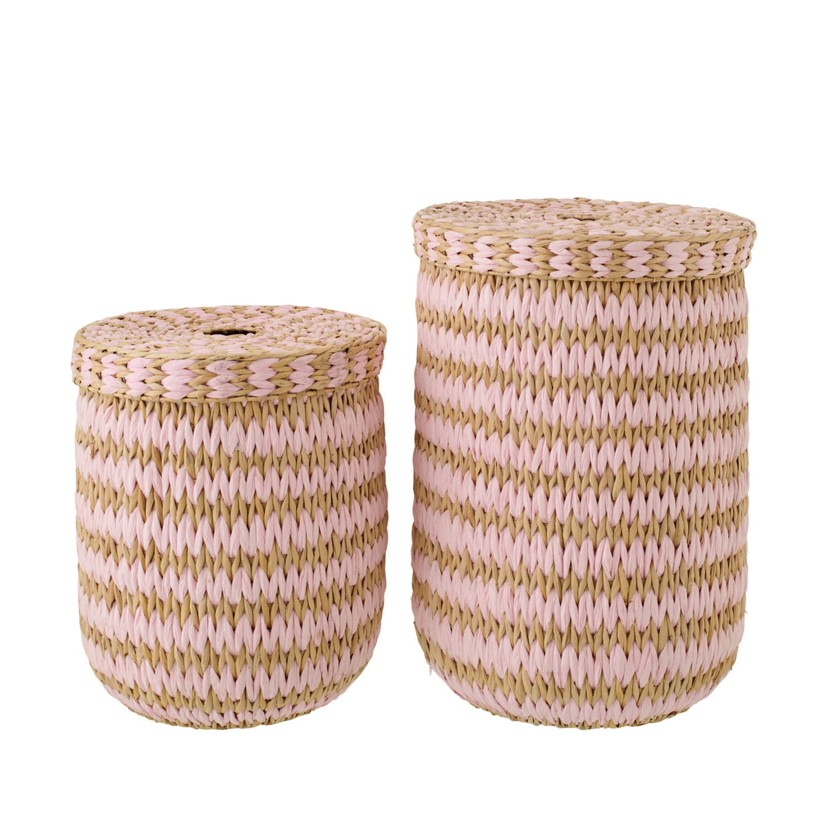 Set di 2 cesti con coperchio a righe color naturale/rosa chiaro J-Line