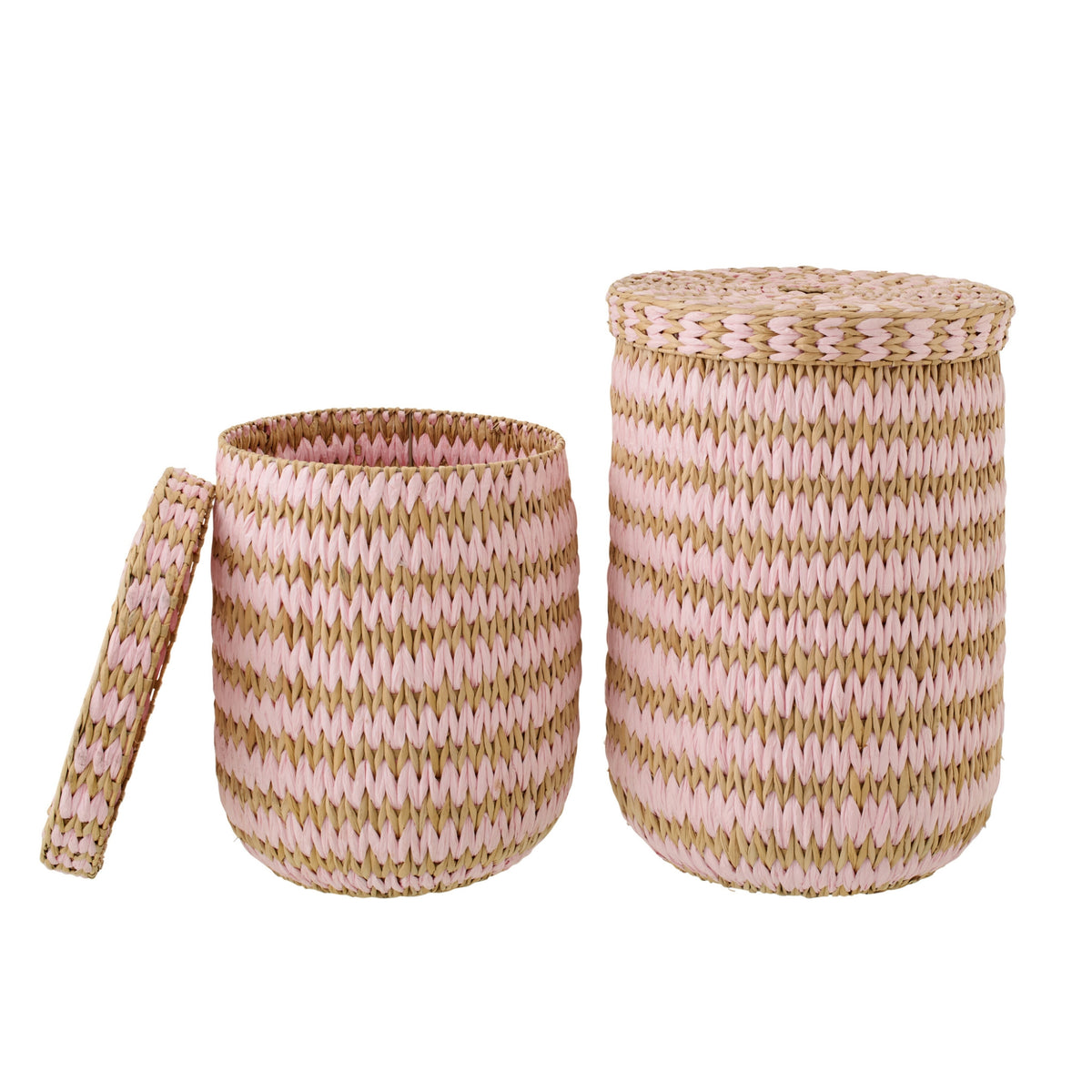 Set di 2 cesti con coperchio a righe color naturale/rosa chiaro J-Line