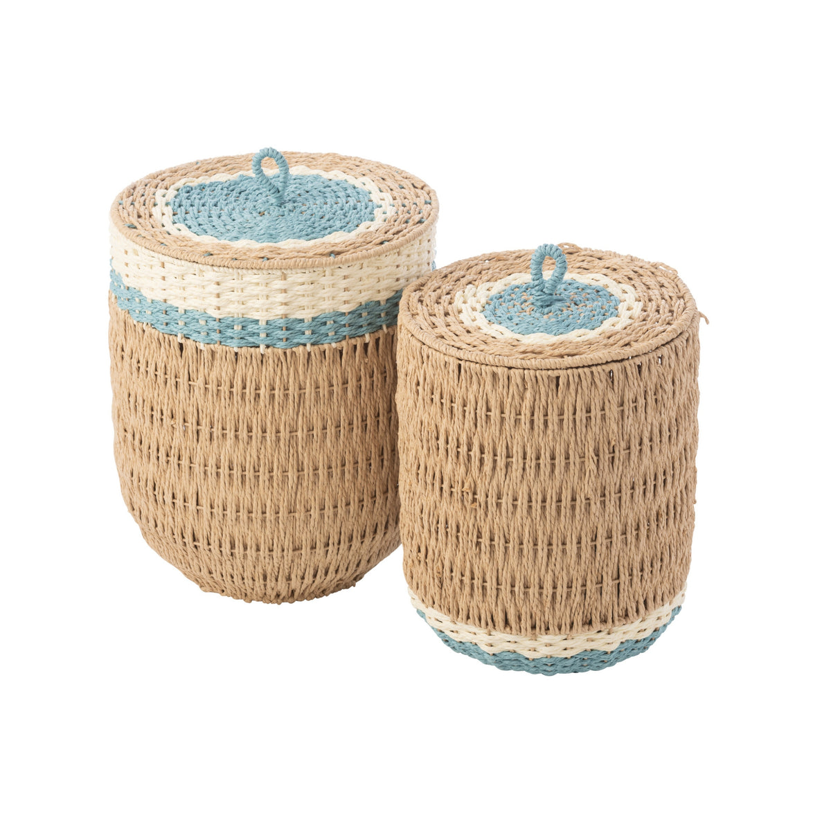 Set di 2 cesti con coperchio in carta a righe naturale/azzurro chiaro J-Line