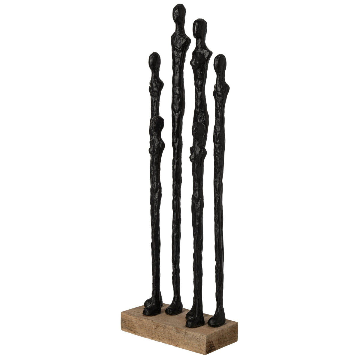Beeld mensen op sokkel van J-Line, ander aanzicht van het polyresin beeld op mangohouten voet