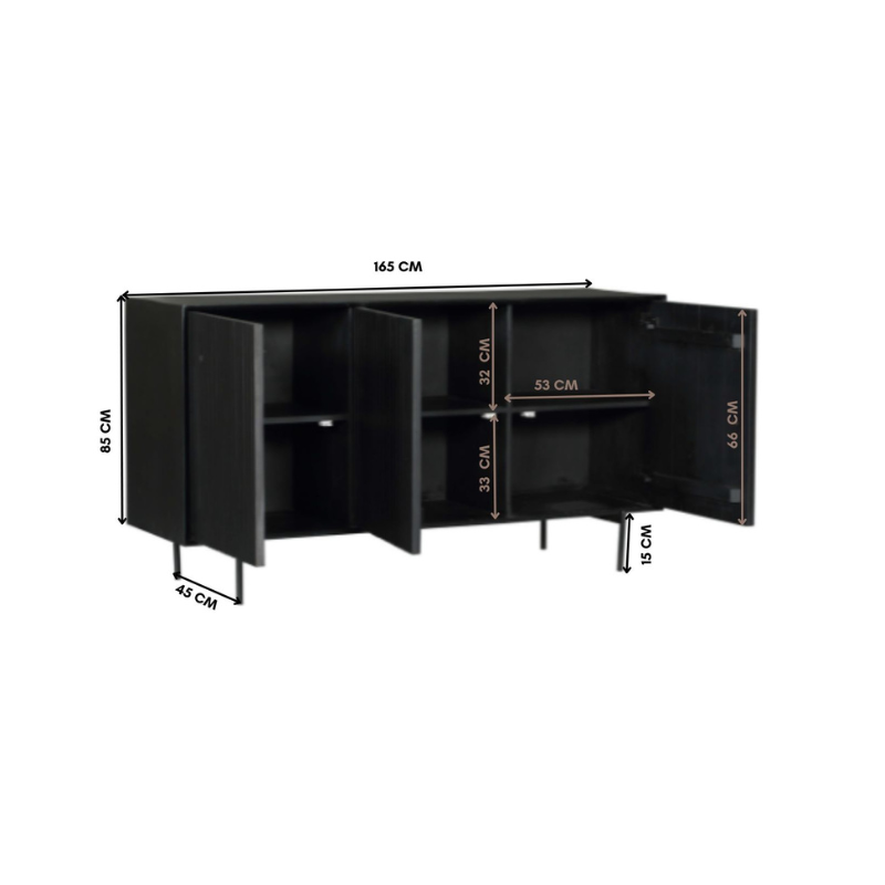 Opbergruimte achter de deuren van het zwarte dressoir Madison