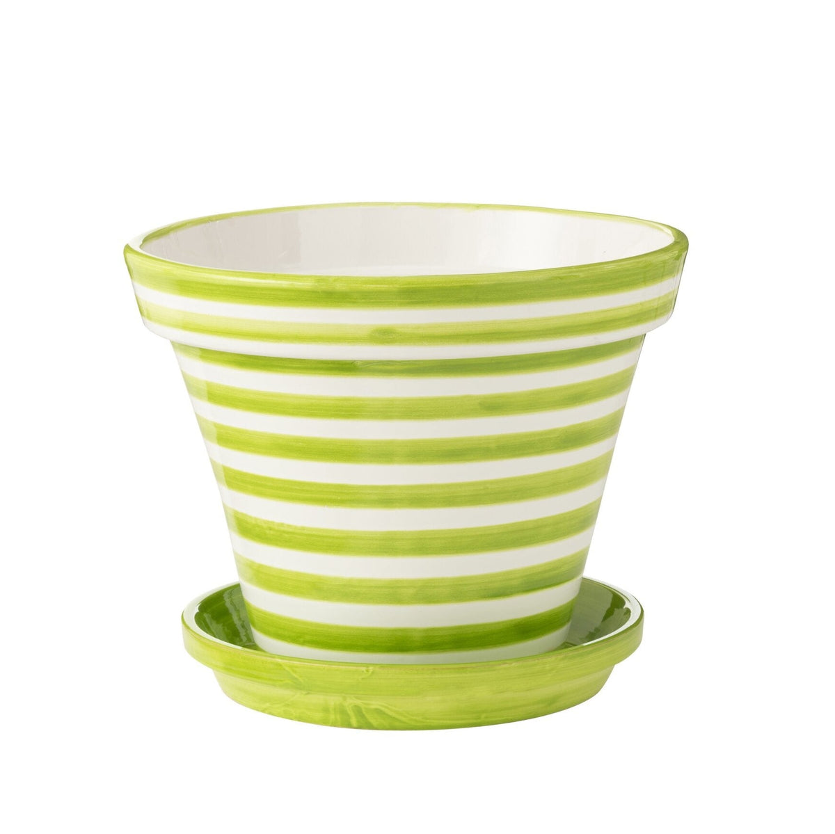 Vaso da fiori+Piattino Granada Stripes Ceramica artigianale+Dipinta Verde Extra Large J-Line