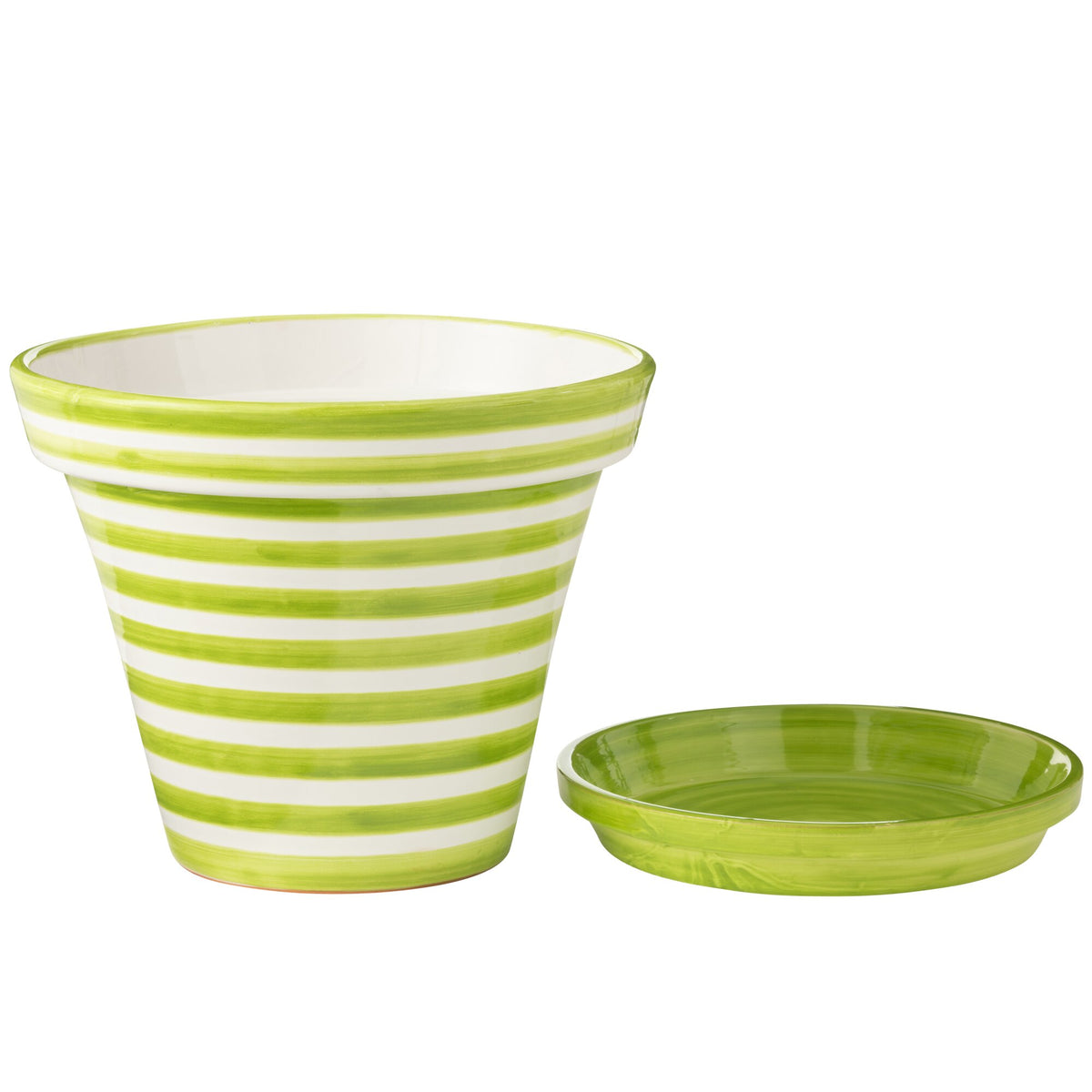 Vaso da fiori+Piattino Granada Stripes Ceramica artigianale+Dipinta Verde Extra Large J-Line