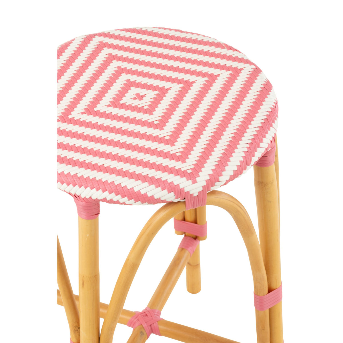 Sgabello da esterno Barkruk Live rotondo in rattan rosa/bianco J-Line