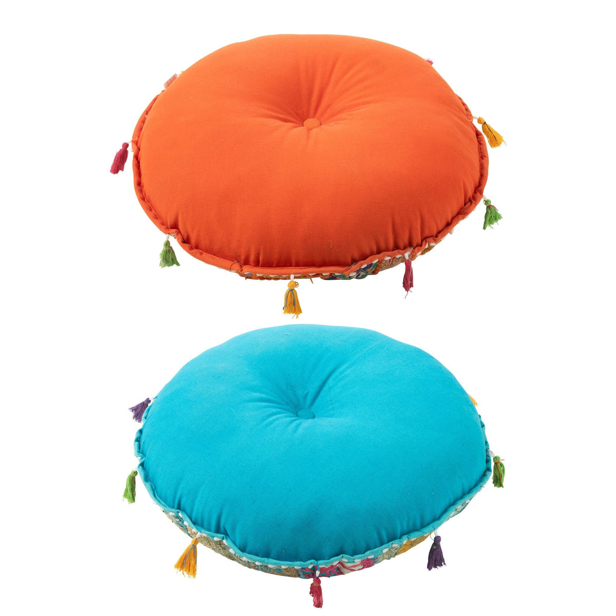 Pouf Rotondo Basso Motivi + Nappe Cotone Arancione/Blu Set di 2 J-Line