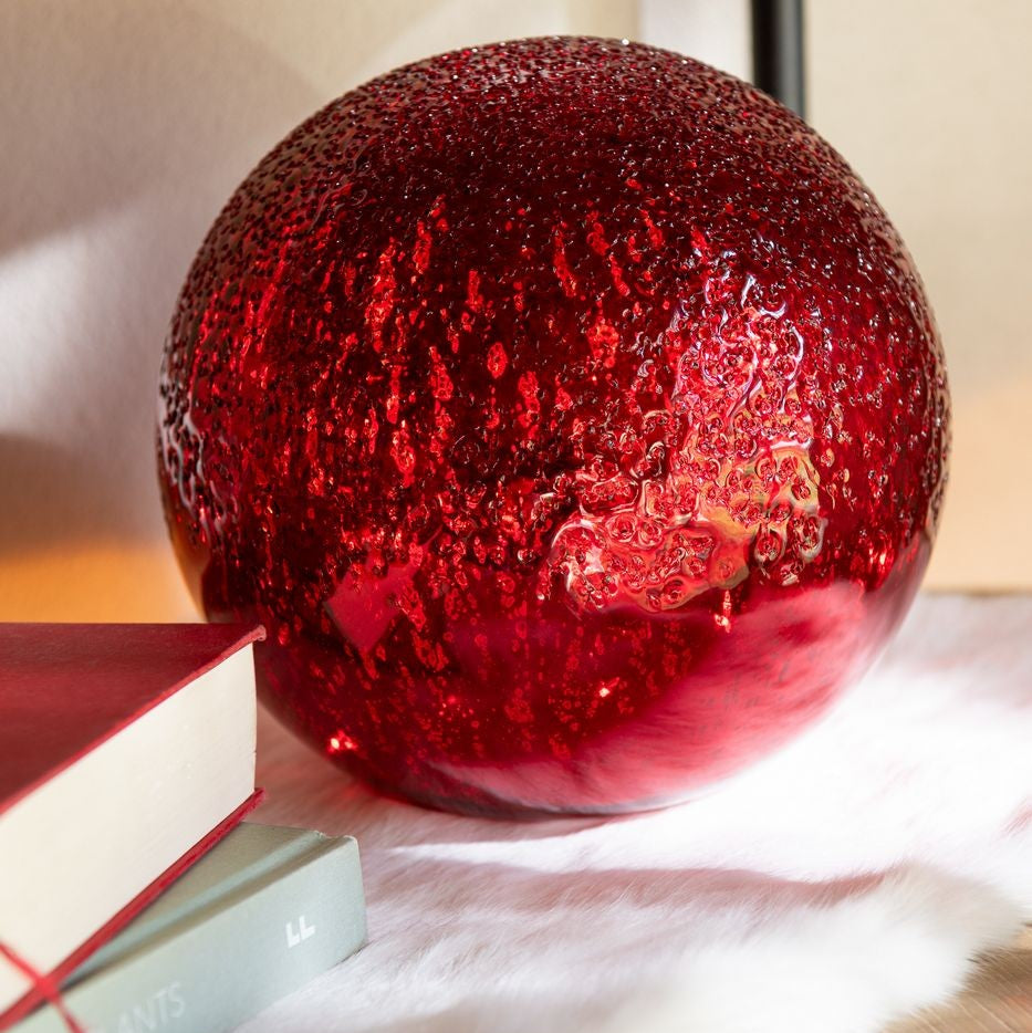 Sfera LED in vetro craquelé rosso natalizio, set da 2 J-Line