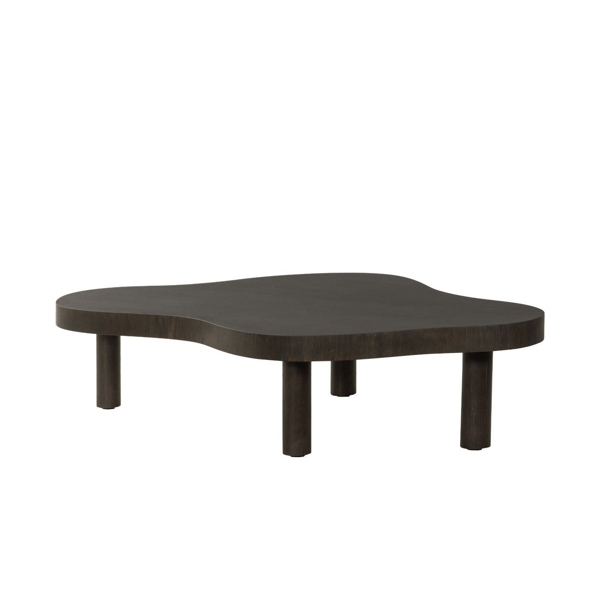 Golvend eiken blad van de Tobago salontafel schuin van voren gezien in espresso bruin