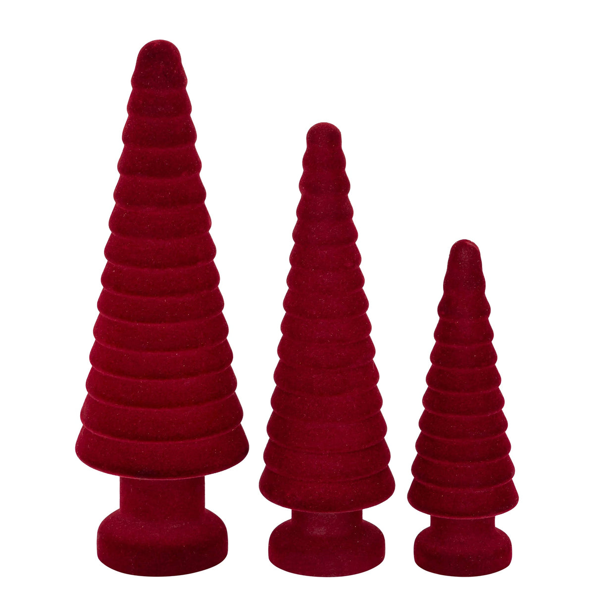 Set Van 3 Alezay Kerstbomen Glas Geribbeld Bordeaux van PTMD, de complete set met alle drie de kerstboombeelden naast elkaar op witte achtergrond