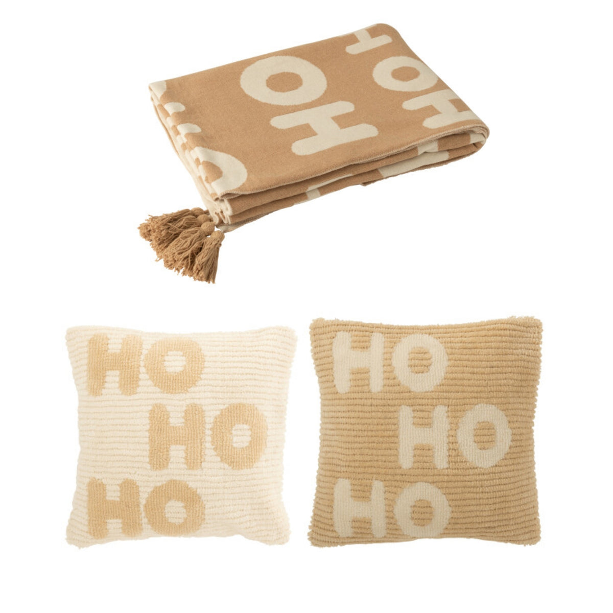 Set natalizio Plaid &amp; Cuscini natalizi HoHoHo Beige/Bianco J-Line