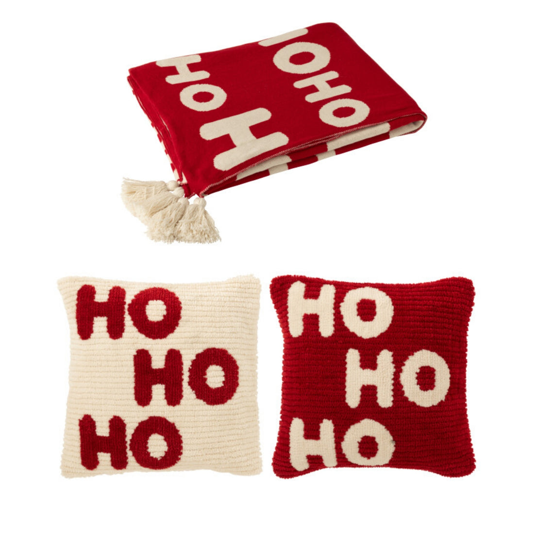 Set natalizio con plaid e cuscini HoHoHo rosso/bianco J-Line