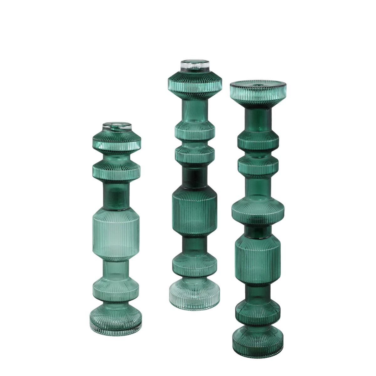Galinda Set da 3 candelabri in vetro verde scuro plissettato PTMD
