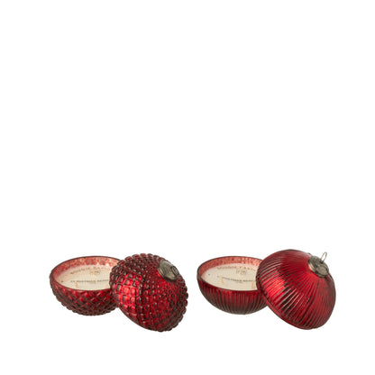Candela profumata Pallina di Natale in vetro rosso natalizio, set piccolo da 2, J-Line