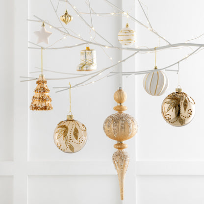 Scatola da 4 Ornamenti per Albero di Natale + Perline in Vetro Color Oro J-Line