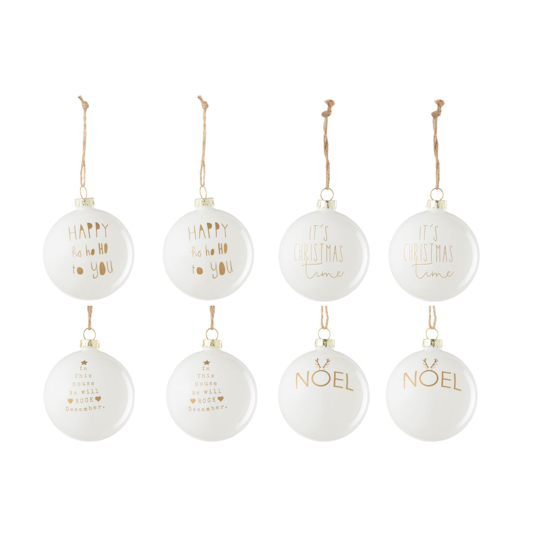 Scatola Da 8 Palline Di Natale 2+2+2+2 Testo Natale Vetro Bianco/Oro J-Line