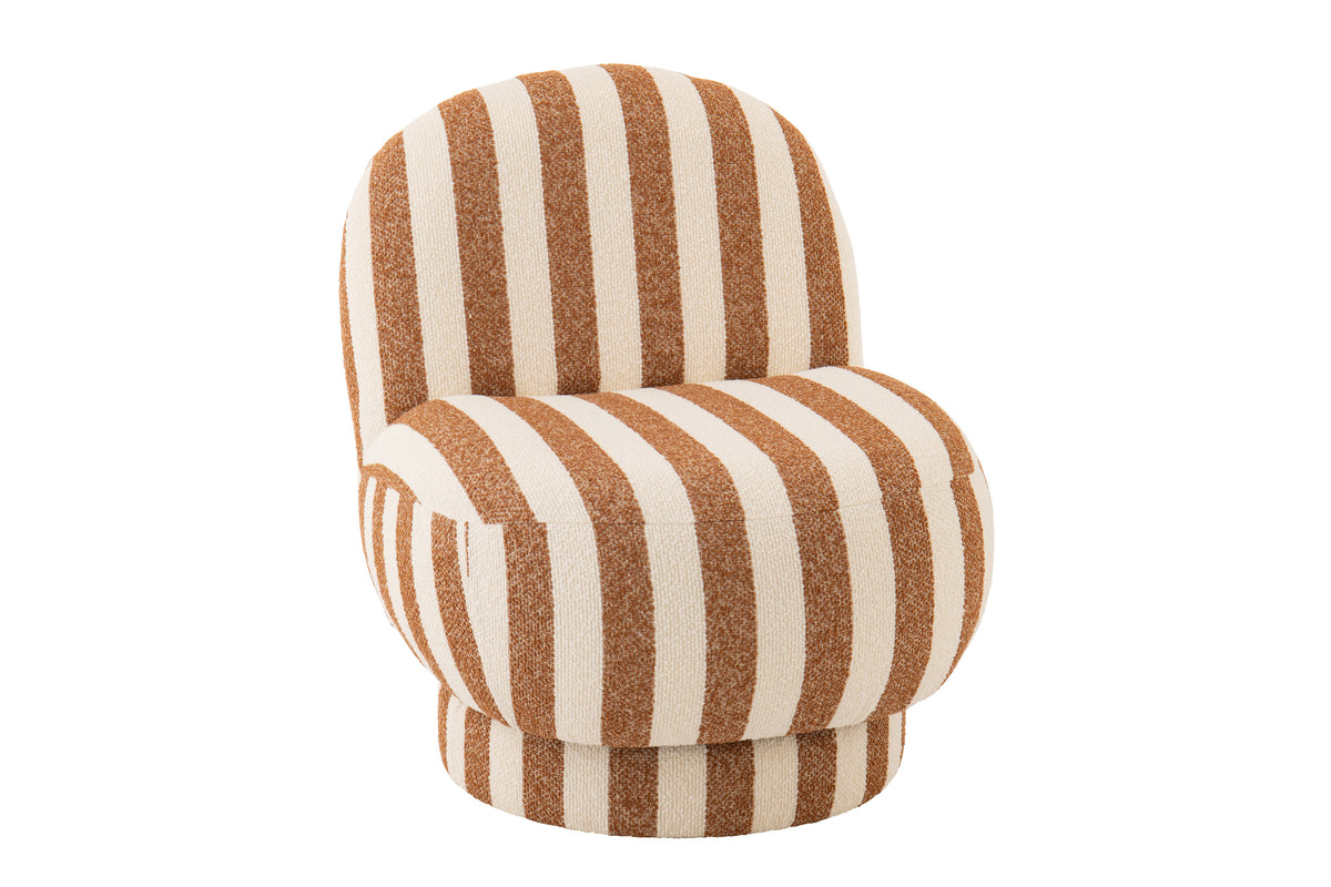 Poltrona con pouf in tessuto a righe color cammello/bianco sporco J-Line