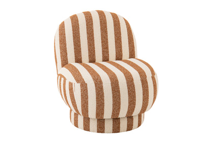 Poltrona con pouf in tessuto a righe color cammello/bianco sporco J-Line