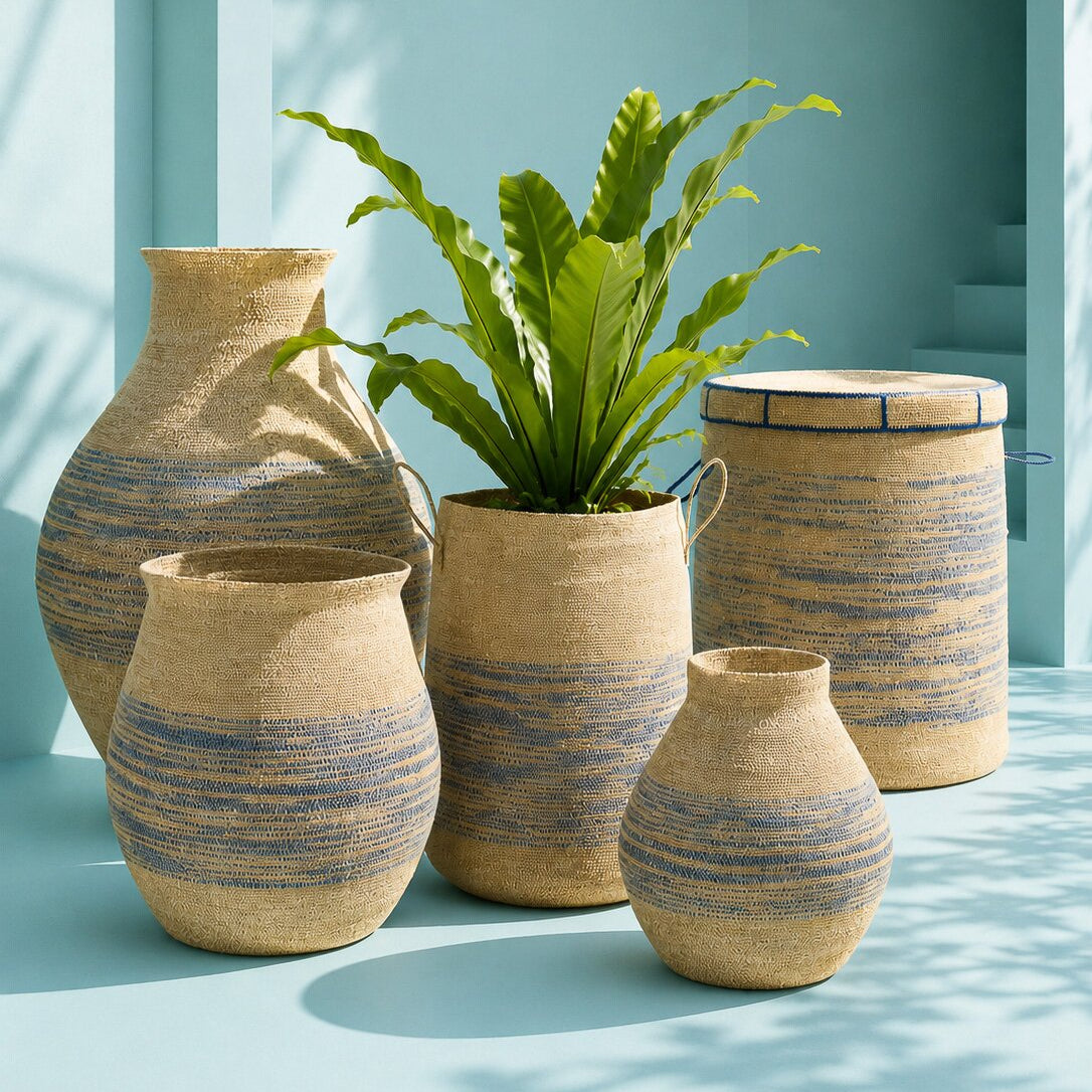 Cestino Con Manico In Paglia Marina Naturale Blu J-Line