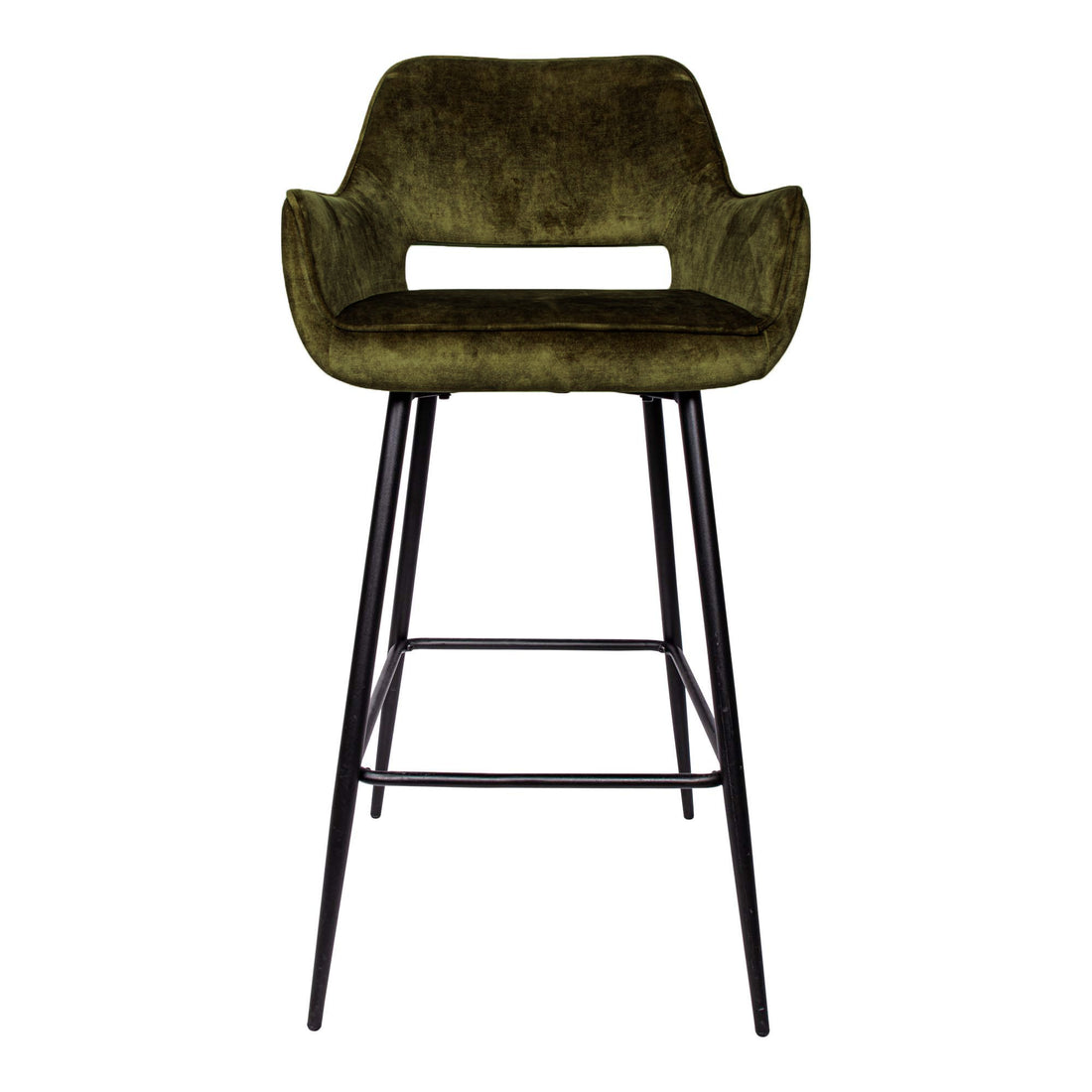 Set da 2 sgabelli da bar Fallon in velluto verde con gambe in metallo nero, smontati, PTMD