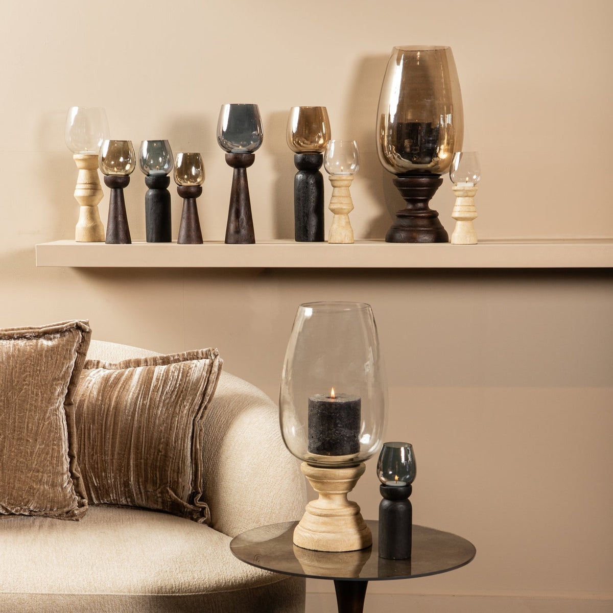 Set di 3 lanterne portacandela Qez in legno di mango color crema PTMD