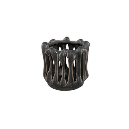 Portacandela Luci Nero Ceramica Aperto a coste Rotondo Set da 3 PTMD