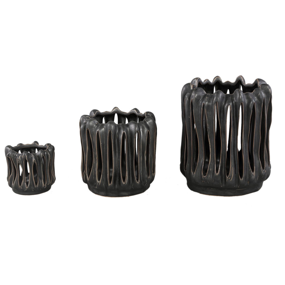 Portacandela Luci Nero Ceramica Aperto a coste Rotondo Set da 3 PTMD