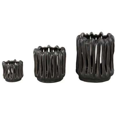 Portacandela Luci Nero Ceramica Aperto a coste Rotondo Set da 3 PTMD