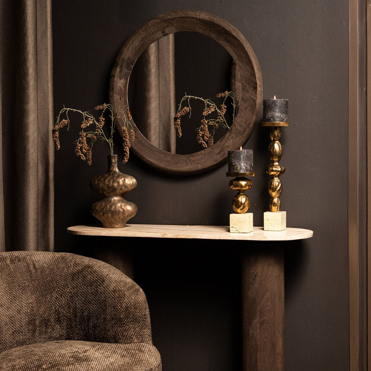 Noam Specchio Rotondo in Legno di Mango Marrone D 70cm x 5cm PTMD
