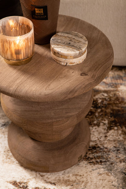 Tavolino laterale rotondo Keven, legno di mango scanalato naturale, PTMD