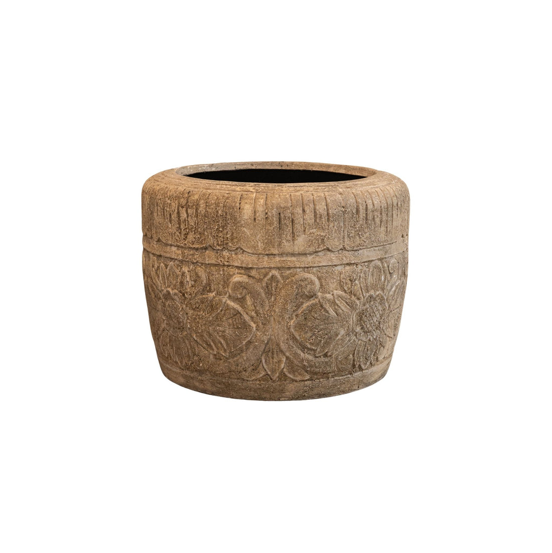 Sasha Cream vaso rotondo in fibra di cemento con motivo floreale S PTMD