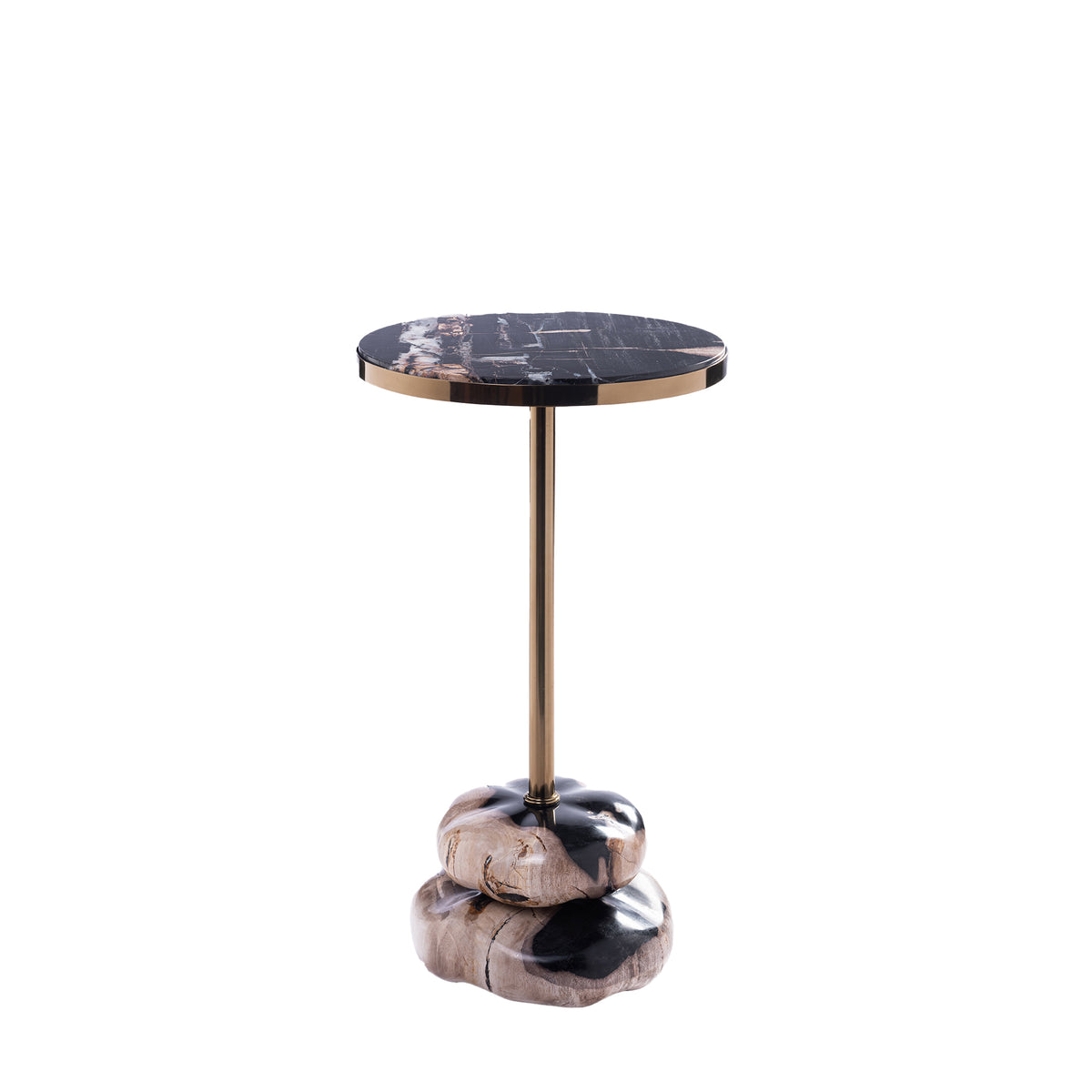 Tavolino laterale Wane in legno naturale pietrificato a doppia base PTMD