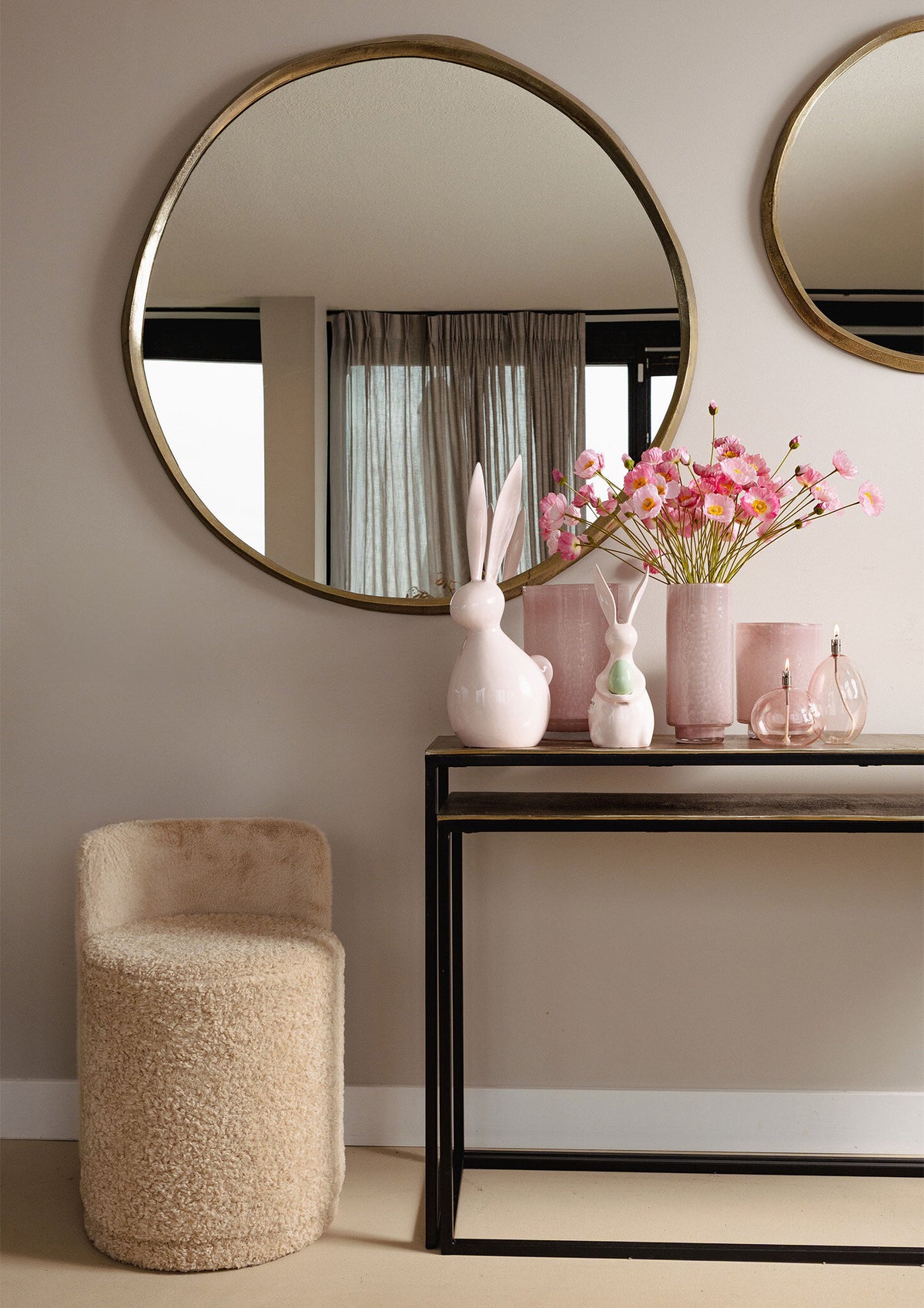 Pouf Brandon Beige in Tessuto Rotondo con Schienale PTMD