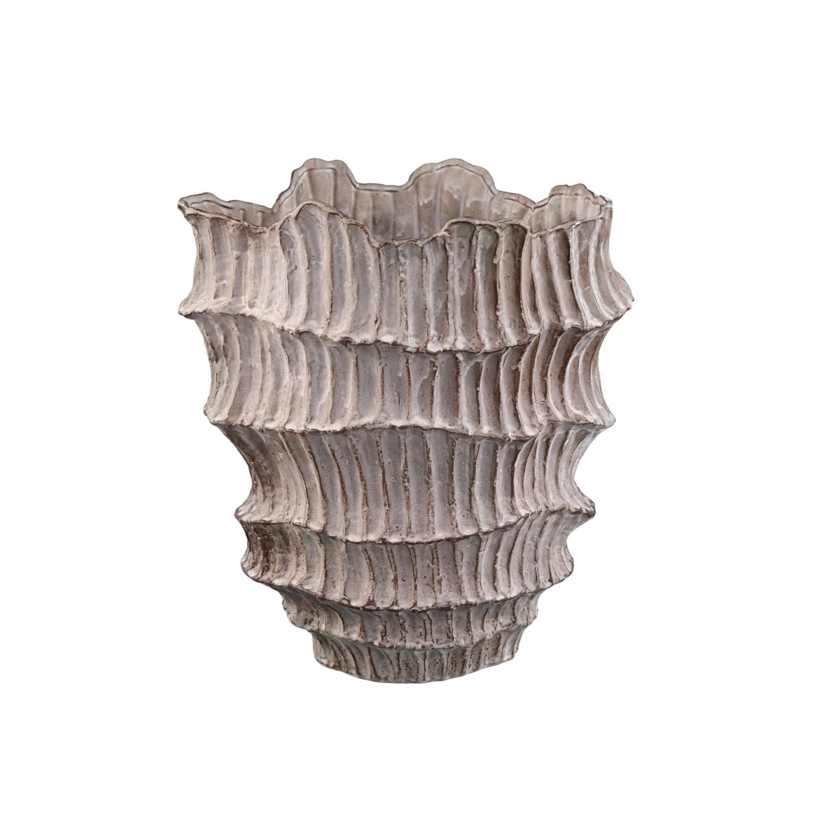 Talan Vaso in Ceramica Beige Rotondo Ondulato a Coste A PTMD