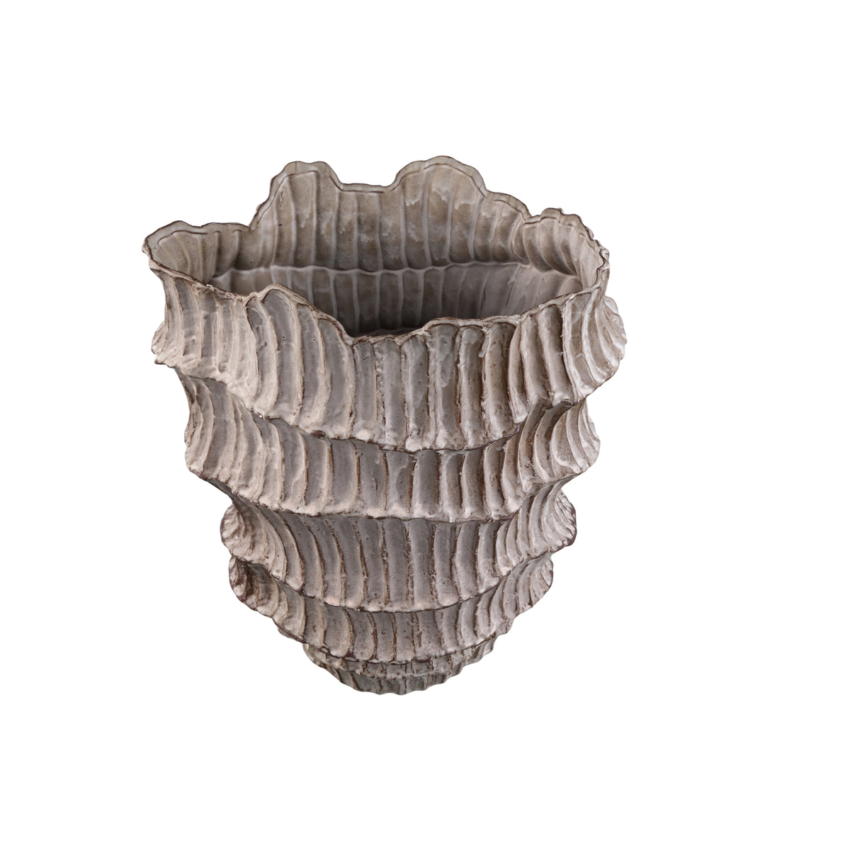 Talan Vaso in Ceramica Beige Rotondo Ondulato a Coste A PTMD