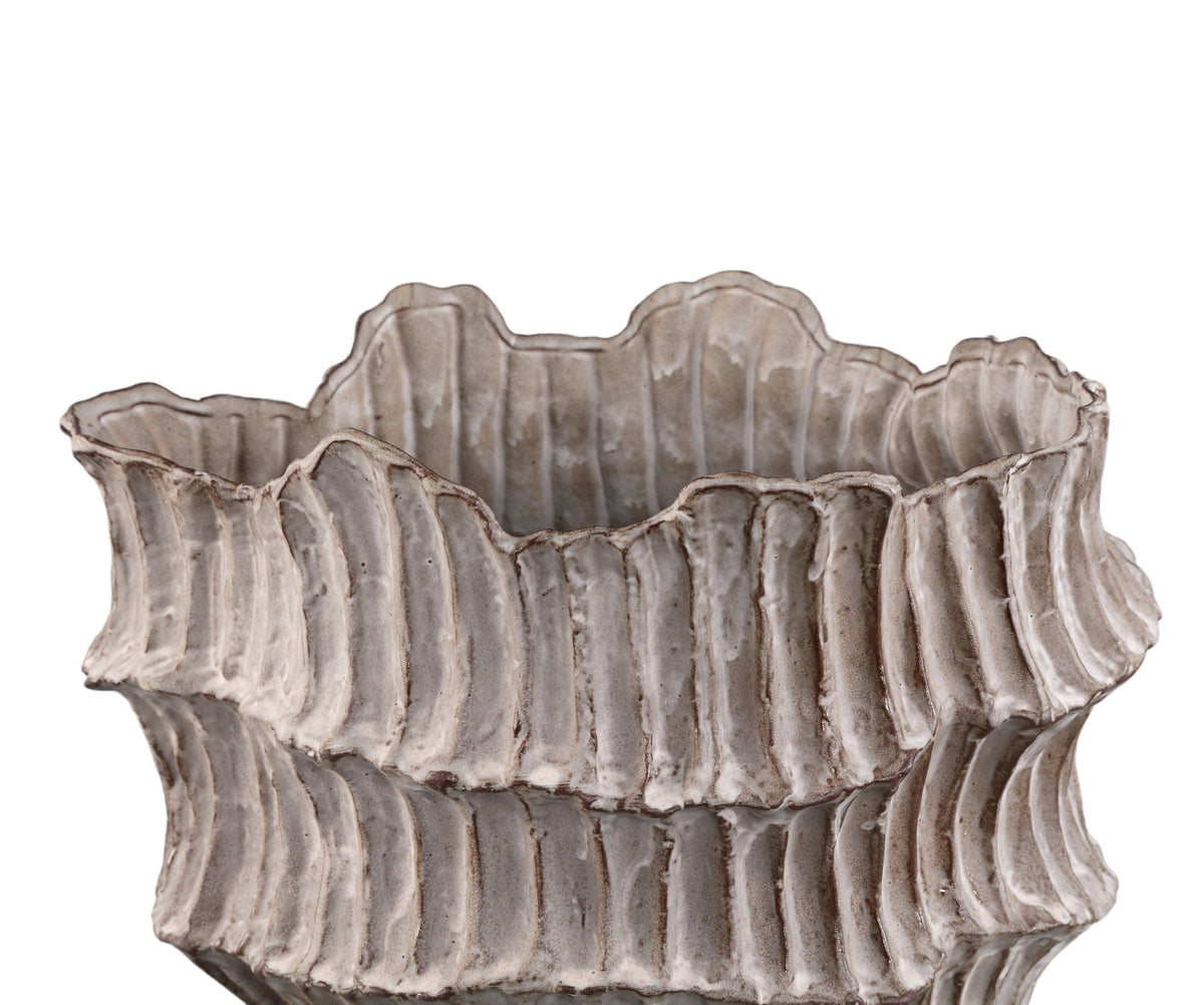 Talan Vaso in Ceramica Beige Rotondo Ondulato a Coste A PTMD