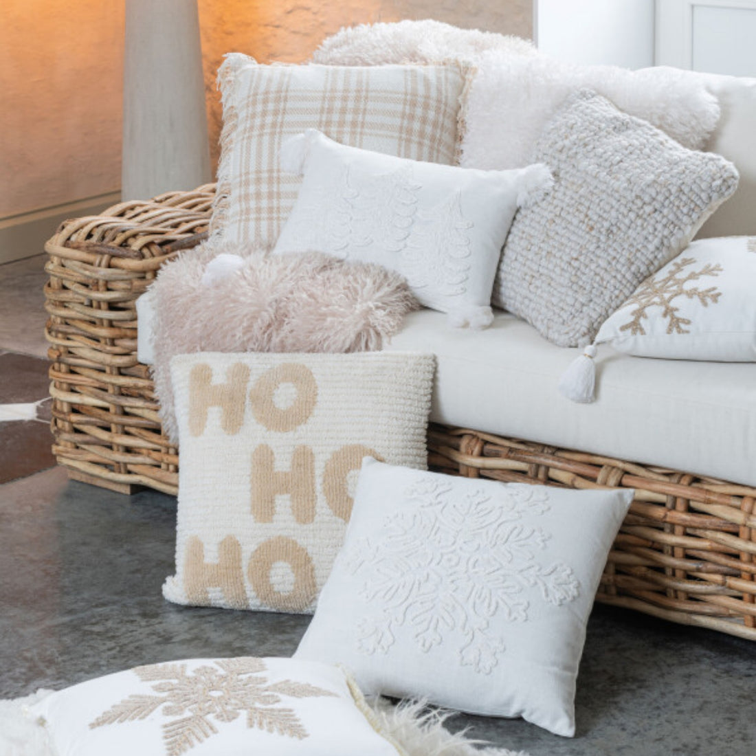 Set natalizio Plaid &amp; Cuscini natalizi HoHoHo Beige/Bianco J-Line