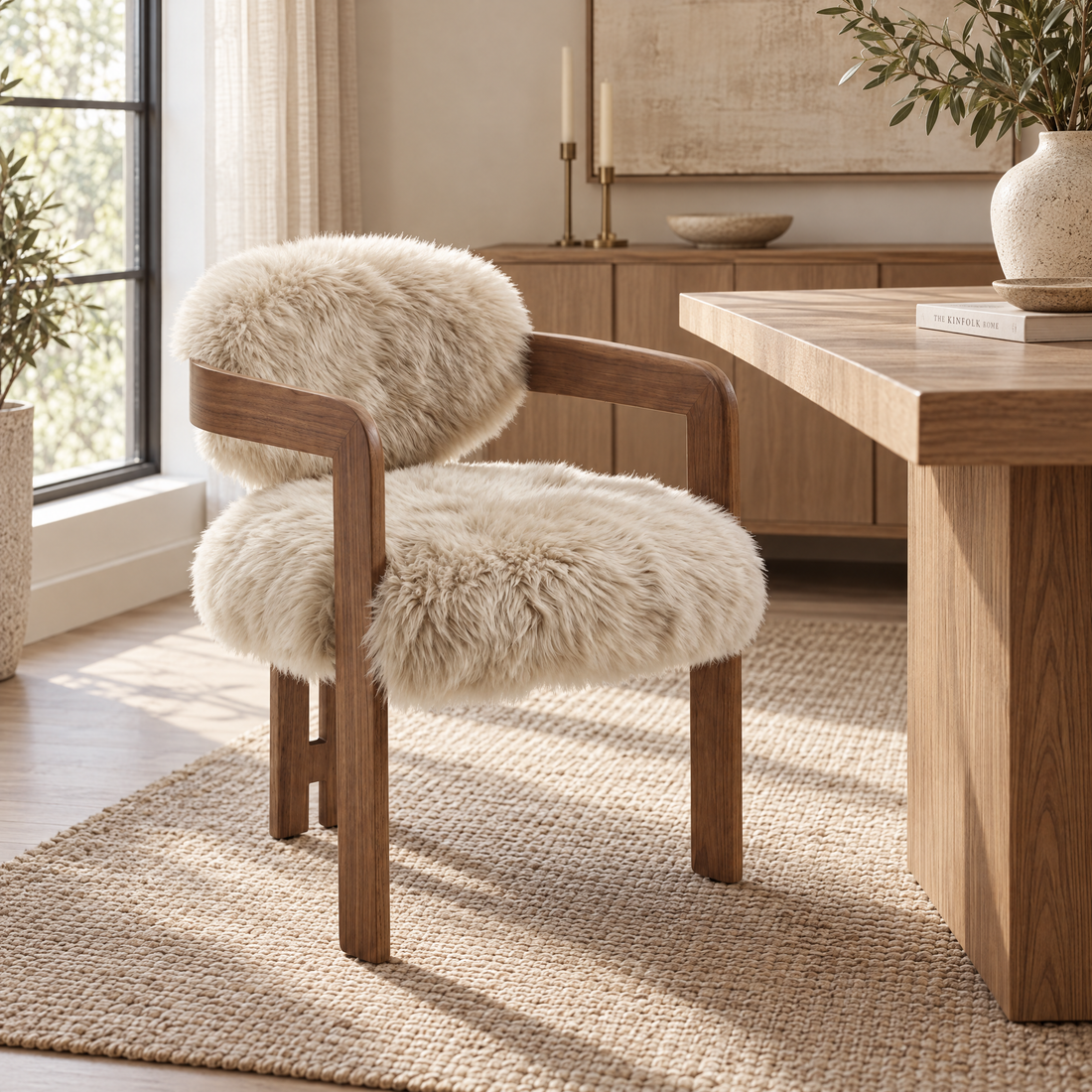 Sedia da pranzo Avelon in vera pelle di pecora beige e legno di frassino PTMD