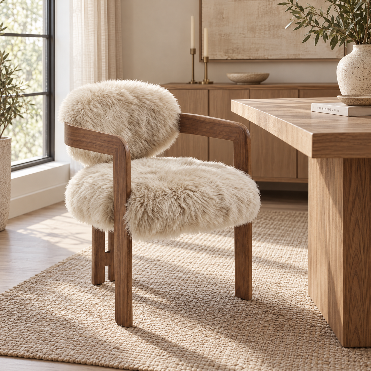 Sedia da pranzo Avelon in vera pelle di pecora beige e legno di frassino PTMD