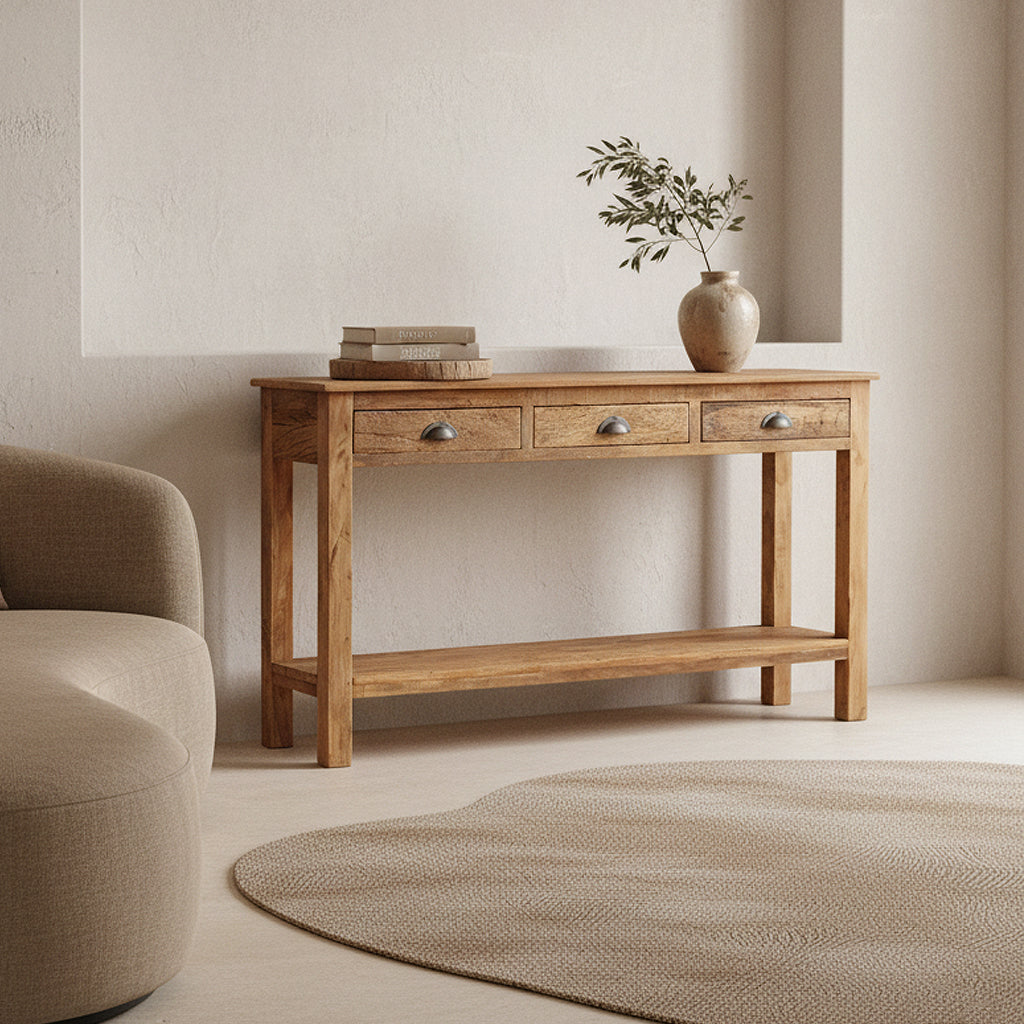 Tavolino laterale Farmwood con 3 cassetti Raw Materials
