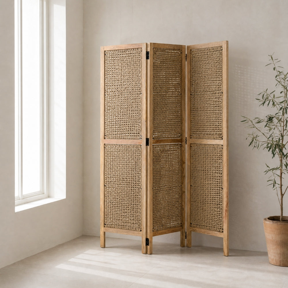 Paravento Da Interno Con Pannelli In Vimini Legno Di Mango Naturale J-Line