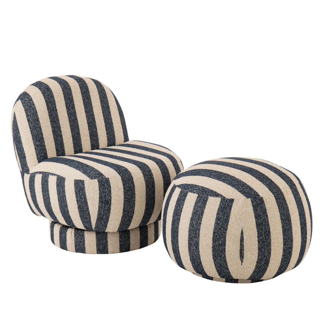 Poltrona con pouf in tessuto a righe blu/bianco sporco J-Line