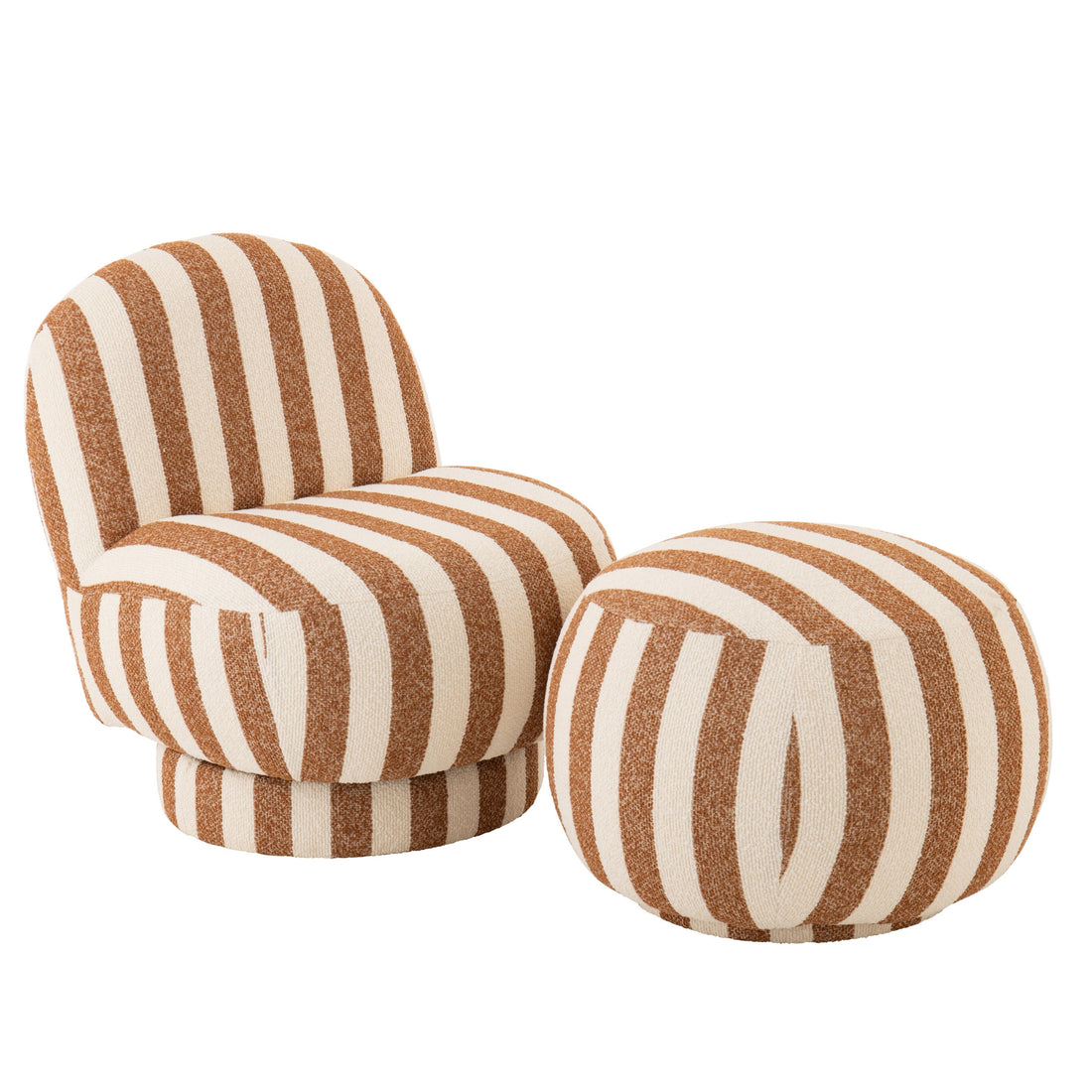 Poltrona con pouf in tessuto a righe color cammello/bianco sporco J-Line