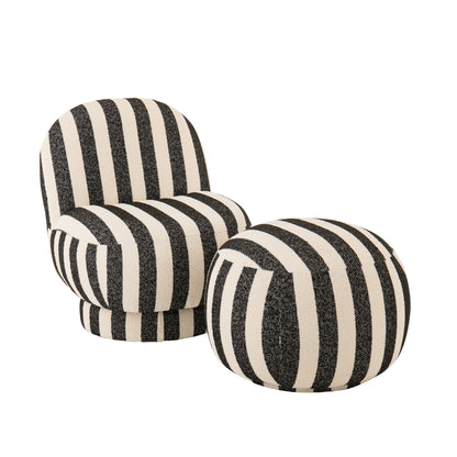 Poltrona con pouf in tessuto a righe nero/bianco sporco J-Line