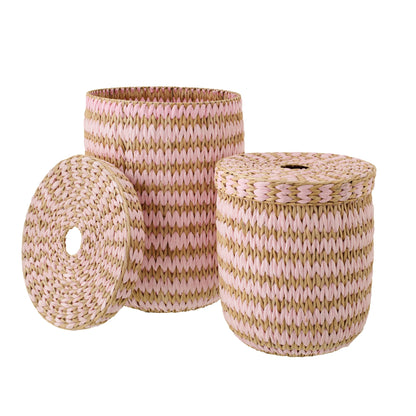 Set di 2 cesti con coperchio a righe color naturale/rosa chiaro J-Line