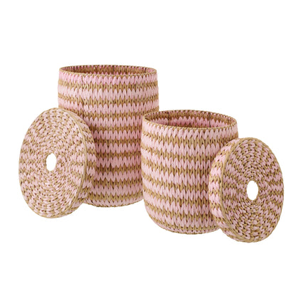 Set di 2 cesti con coperchio a righe color naturale/rosa chiaro J-Line
